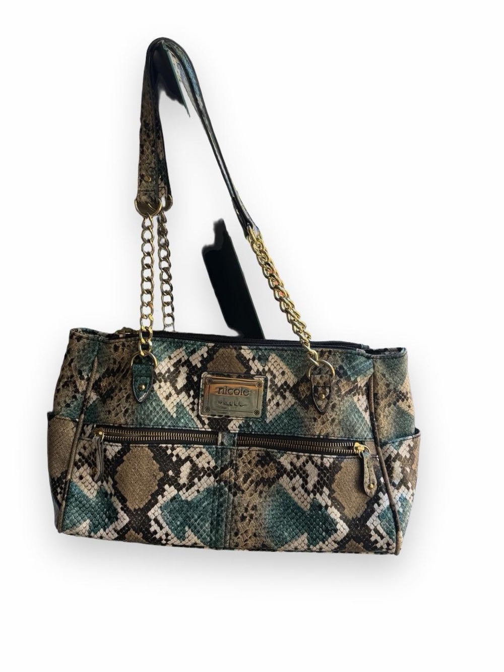 Nicole Miller Teal and Brown Snake-Print Shoulder Bag with Gold Chain